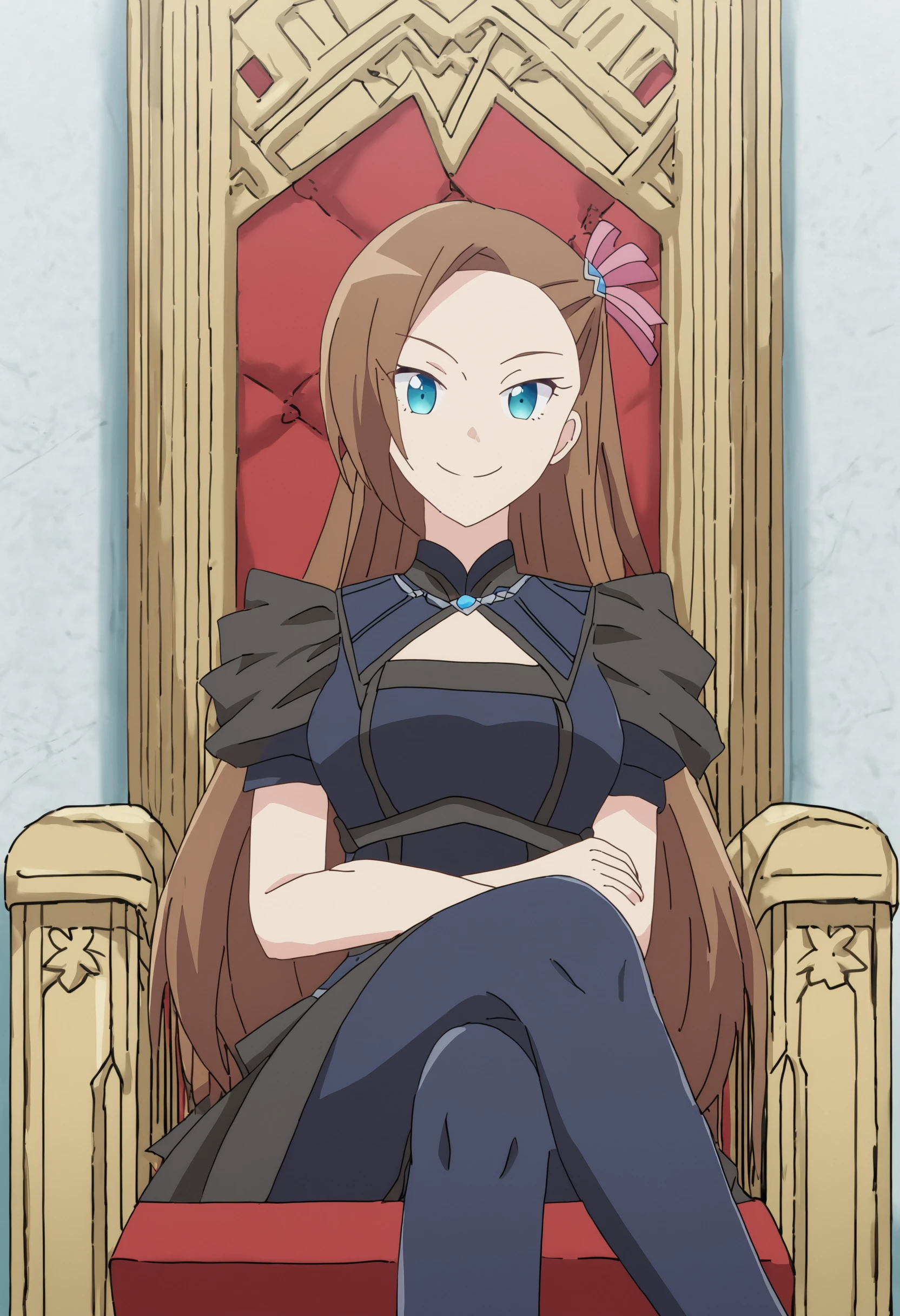 score_9, sysdeep_katarina, 1girl, solo, long_hair, bangs, blue_eyes, brown_hair, asymmetrical_bangs, black_dress, throne, sitting, crossed_legs, smile, anime_coloring, <lora:Katarina Claes  - [My Next Life as a Villainess - All Routes Lead to Doom!] - PonyXL Version 1:1>