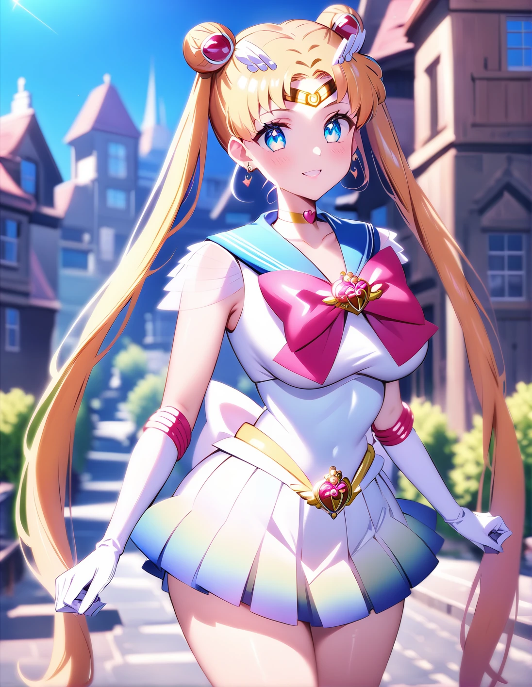 1girl, solo,<lora:sdxl-supersailormoon-kohakuXLDelta_rev1-v1:1>, supersailormoon, double bun, twintails, circlet, earrings, choker, bow, gloves, miniskirt, large_breasts,standing ,, smile,kawaii, <lora:ALTXL_001_4:2>, best quality,medium quality, (1990s:-1.0),(retro:-1.0),  in a medieval town