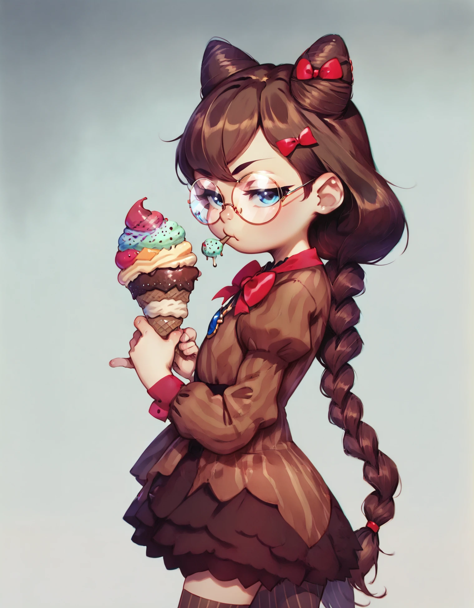 score_9, score_8_up, score_7_up,  anime_source, a girl eating an ice cream, from side, in the library, looking at viewer, frown, half-closed eyes, 
cereza, cone hair bun, single braid, round eyewear, jewelry, thighhighs,  vertical stripes, bow, ribbon, puffy sleeves, dress,very long hair, 
<lora:cereza_xl_v2_w1:.8> <lora:alke_style_xl_pony_v1:0.8> by alkemanubis