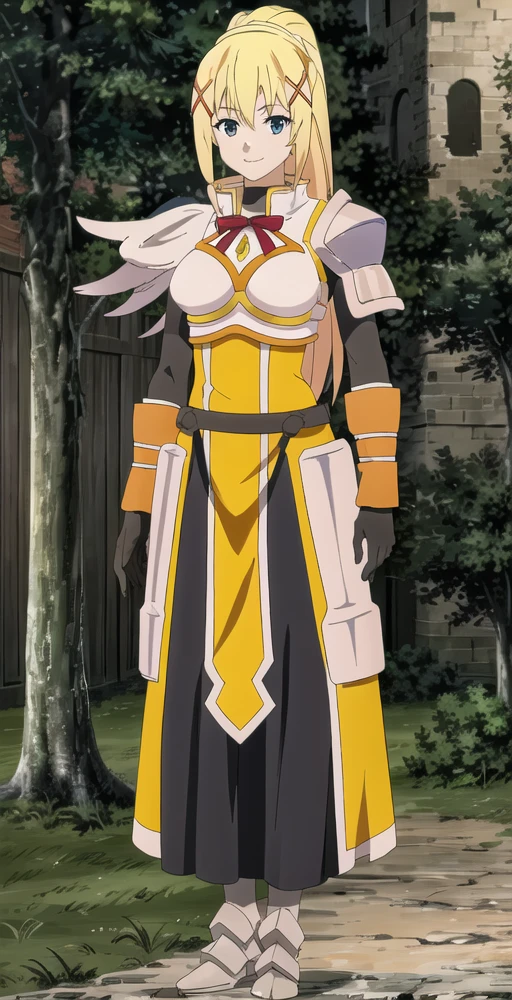 DarknessV2, 1girl, solo, looking at viewer, smile, full body portrait, Armored dress, breastplate, ponytail, black undershirt, pauldrons, faulds, long skirt, belt, bow, gloves, x hair ornament, armored boots, outside, perfect quality, good quality, masterpiece, HDR, UHD <lora:Darkness V2-000003:0.8>
