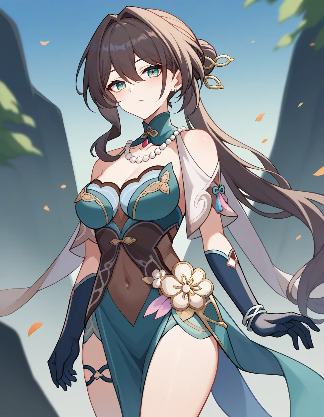 (Masterpiece:1.2),Best quality,white backgrounid,Under bamboo leaves,(Ancient Chinese clothes,Hanfu),((super creek \(umamusume\), good anatomy, huge breasts, sup3rcr33kh)), blue eyes, horse tail, horse girl, purple nails,Pink and white clothes,facial closeups,big beatiful eyes,detailed face with,Flashy clothes,Wide_Sleeves,sash,flower,(Chinese Hanfu),Dreamy,Onmyoji detailed art,Beautiful digital artwork,shoes,China_dress, blue dress