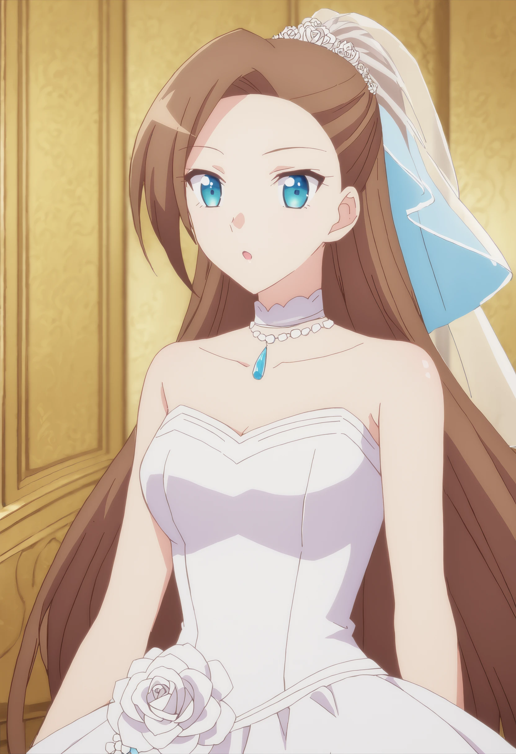 sysdeep_katarina, 1girl, solo, long_hair, bangs, blue_eyes, brown_hair, asymmetrical_bangs,  white_dress, wedding_dress,  <lora:Katarina Claes  - [My Next Life as a Villainess - All Routes Lead to Doom!] - XL Version 1:1>, anime_coloring