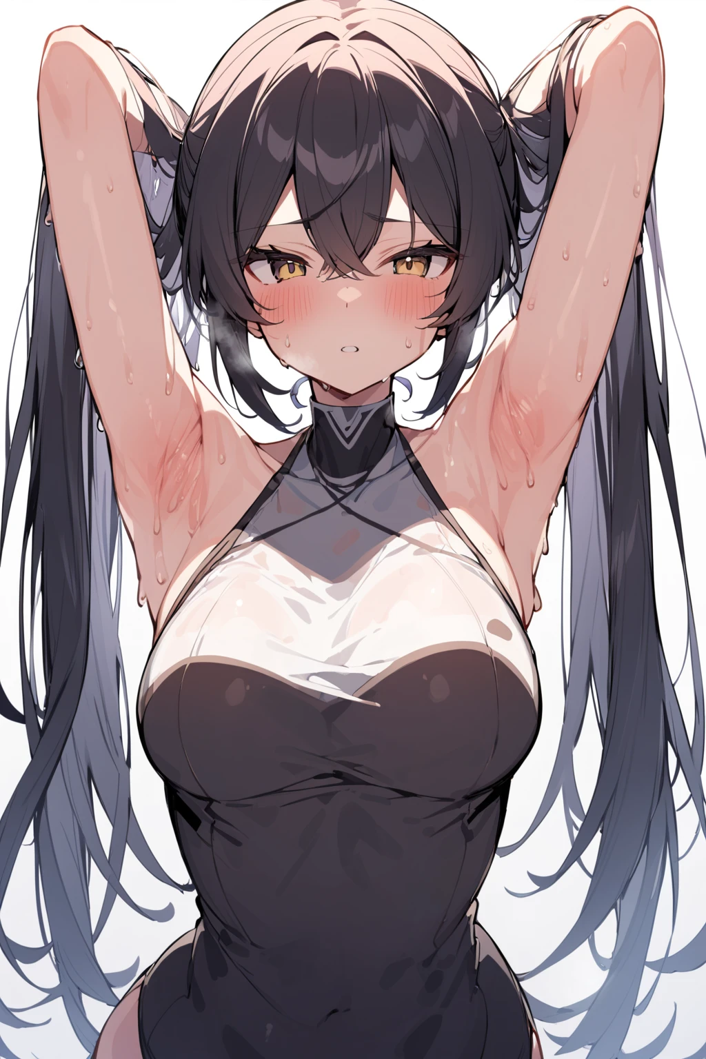 TheSpirit,((blue skin)),green eyes, solo,upper body, blush, embarrassed, SpiScho, black Long hair,very long hair,(insanely detailed, beautiful detailed face, masterpiece, best quality),small breast, wide hip, thighhighs,nylon bodysuit, cat ears