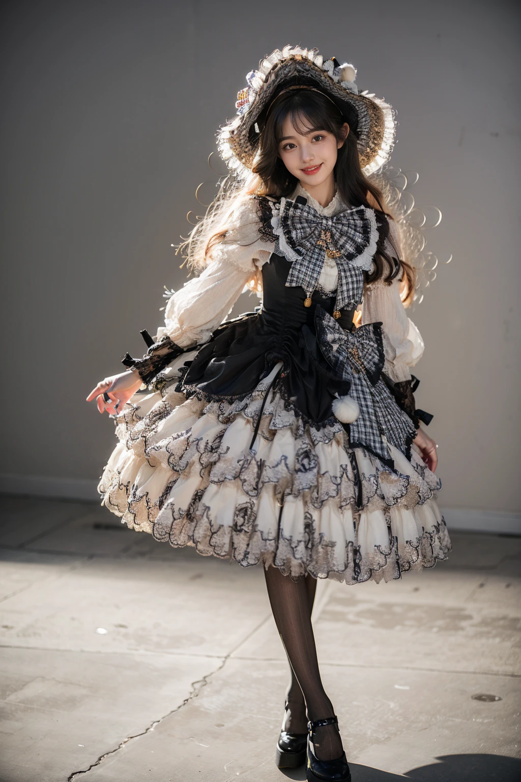 best quality, masterpiece, realistic, photorealistic, 1girl, solo, long hair, black hair, looking at viewer, smile, standing, arms at side, full body, cyb dress, long sleeves, hat, headwear, frilled dress, layered dress, frills, bow, plaid bow, black pantyhose, high heels, simple background, grey background, <lora:lo_dress_vol3_style2_v1:0.7>