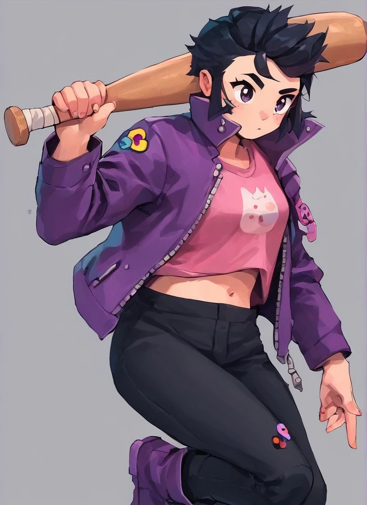 score_9 ,score_8_up , score_7_up, score_6_up, score_5_up, score_4_up <lora:bsbibixl-000004:1>bsbibi , 1 girl , black hair , , short hair , sideburns ,cute , pompadour up , anime eyes , purple jacket, pink shirt, , Black Pants , boots , Holding a baseball bat , navel