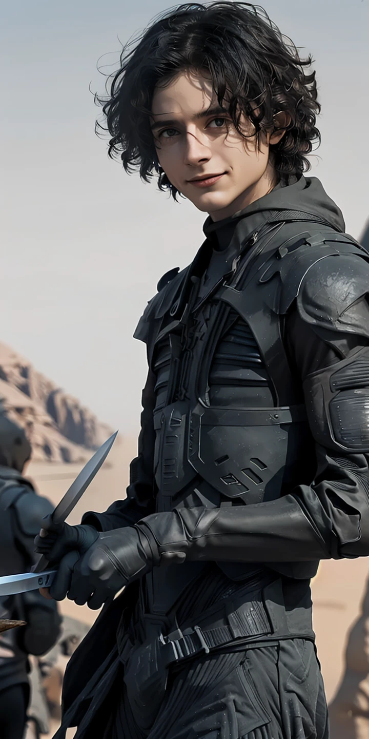 (((masterpiece))),(((best quality))),((ultra-detailed)),(((lots of details))),(beautiful detailed girl),((Epic Light and Shadow)),cinematic angle,oil painting,(illustration),(detailed light),((an extremely delicate and beautiful)),
fantasyArt,DigitalArt,
Paul Atreides,Dune,solo,1boy,male focus,black hair,knife,holding,weapon,holding knife,gloves,looking at viewer,short hair,armor,holding weapon,smile,animification,blurry background,
Dune,Dune movie,Paul Etrudy,big scene,desert,Panorama,
<lora:Paul Atreides:0.7>,(dynamic angle:1.5),