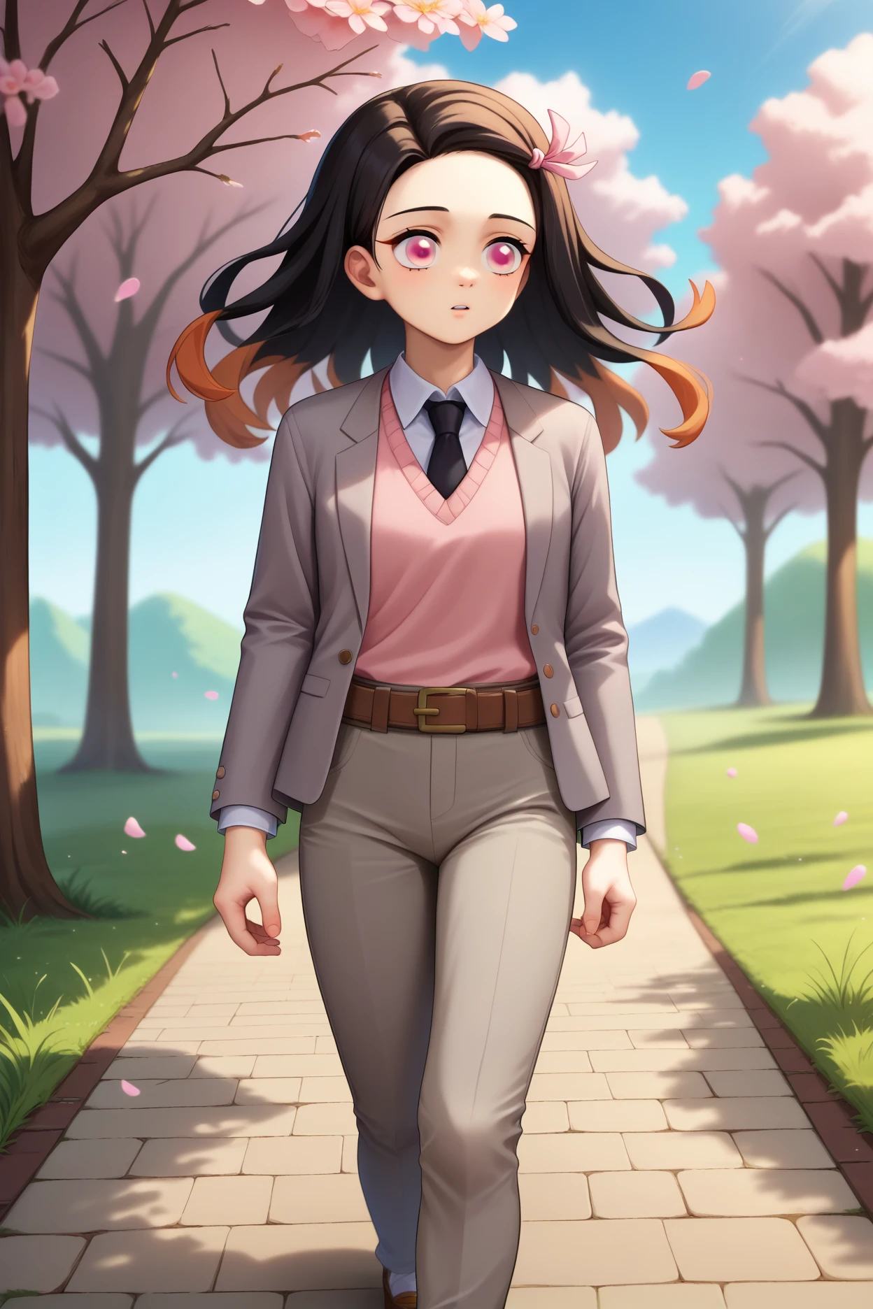 score_9, score_8_up, score_7_up, score_6_up, score_5_up, score_4_up, source_anime,1girl, solo,pink eyes, pink sweater vest,grey suit, (grey blazer), grey pants, white collared shirt, (black necktie), pink hair ribbon,floating hair,black hair,two-tone hair,walking, grass,pavement,cherry blossoms, brown belt,parted lips, raised eyebrows,(from below:0.8),(from side:0.75) ,orange hair, cowboy shot,tucked in,pants,jacket <lora:Kamado_Nezuko_v1:1>