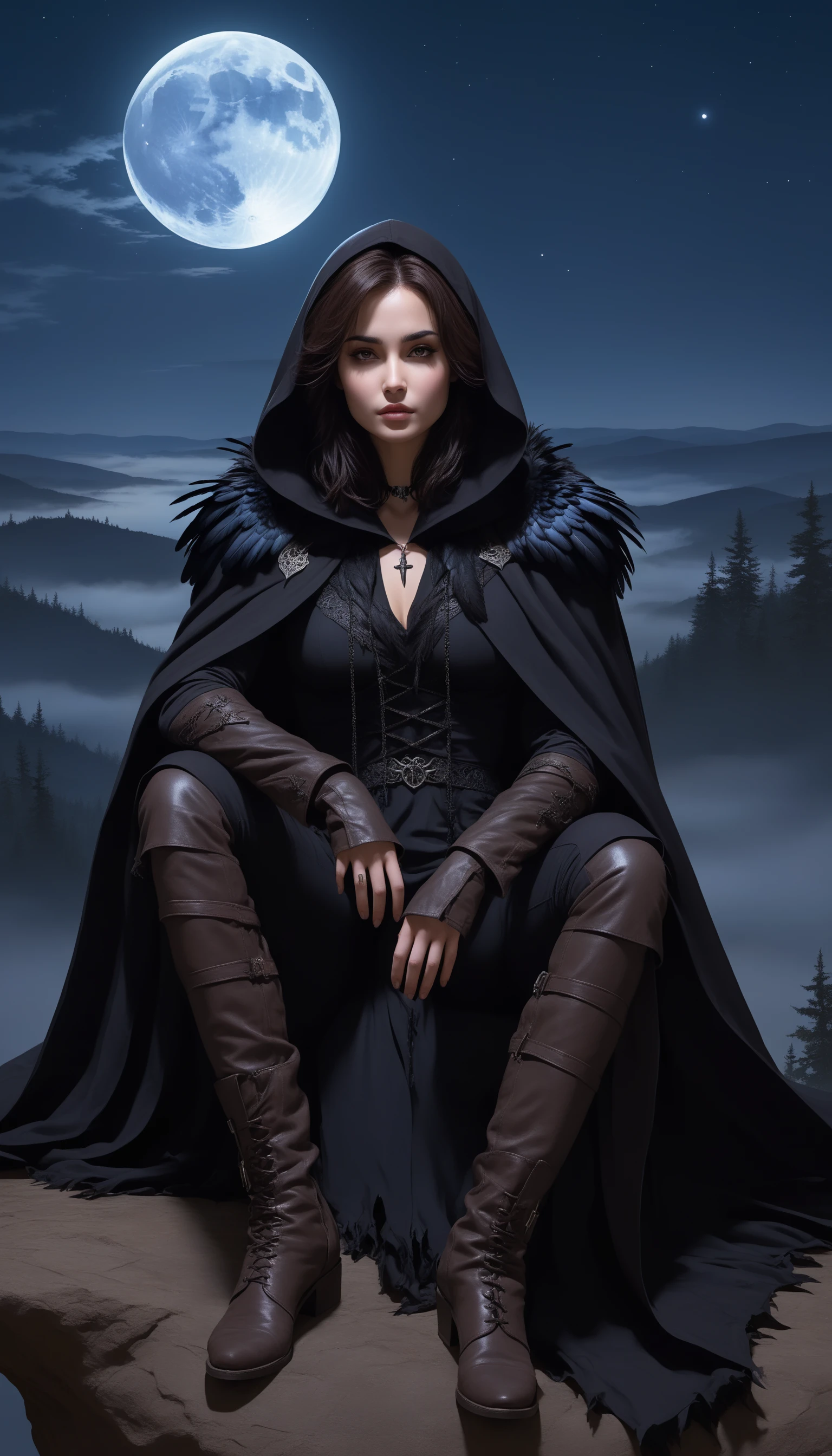 <lora:FluffyStyleXL:1.3> FluffyStyle Brown Style-GravityMagic, solo, (full body:0.6), looking at viewer, detailed background, detailed face, (<lora:GothicHorrorAI:0.5>, gothichorrorai, gothic theme:1.1), raven-warrior, dark feathers, wearing tattered cloak, dark raven emblem, calm, sitting, raven themed symbolism, echoes of the past, shimmering magical aura, underworld in background, dusk, moonlight, crescent moon, ethereal dark energy, foreboding atmosphere,, fuzzy