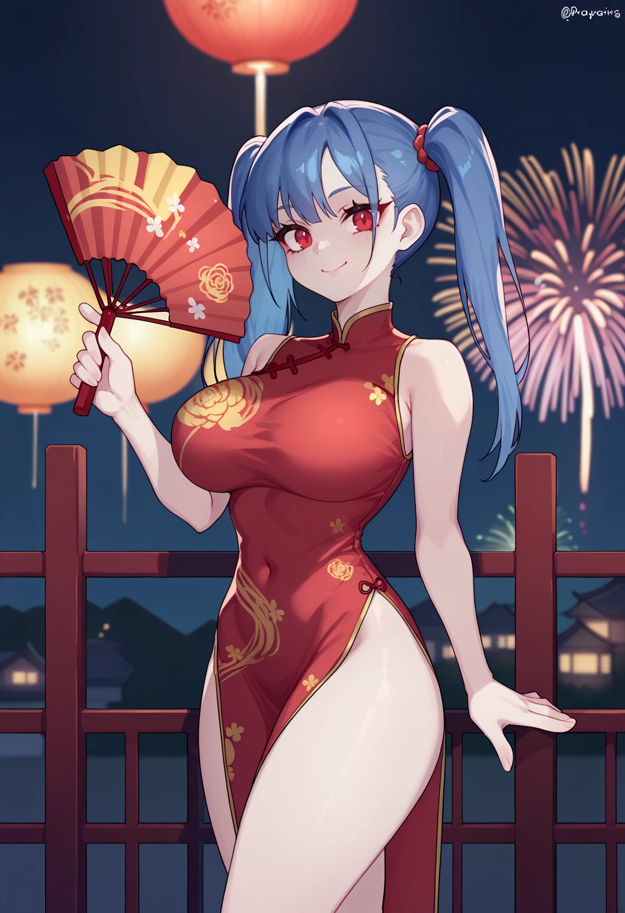 score_9, score_8_up, score_7_up, score_6_up, source_anime, BREAK 1girl, twintails, blue hair, red eyes, red china dress, floral print, large breasts, side slit, thighs, holding fan, standing, smile, closed mouth, night sky, fireworks, cowboy shot, <lora:EonsangManualPDXLV2:1>