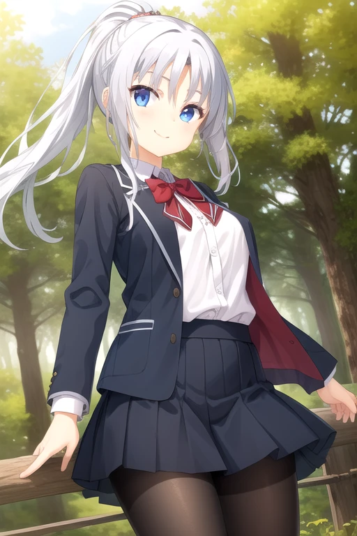 ((masterpiece)),(best quality),official art,extremely detailed CG,unity 8k wallpaper,ultra detailed,beautiful detailed eyes,extremely detailed face,forest,nature,1girl,solo,cowboy shot,looking at viewer,facing viewer,smile,wind,(petite:1.2),Tomotake Yoshino,long hair,white hair,high ponytail,hair intakes,hair ornament,parted bangs,blue eyes,blue jacket,open jacket,red bowtie,white shirt,long sleeves,large breasts,button,blue skirt,frilled skirt,black pantyhose,loafers,<lora:Tomotake Yoshino(sb):0.8>,