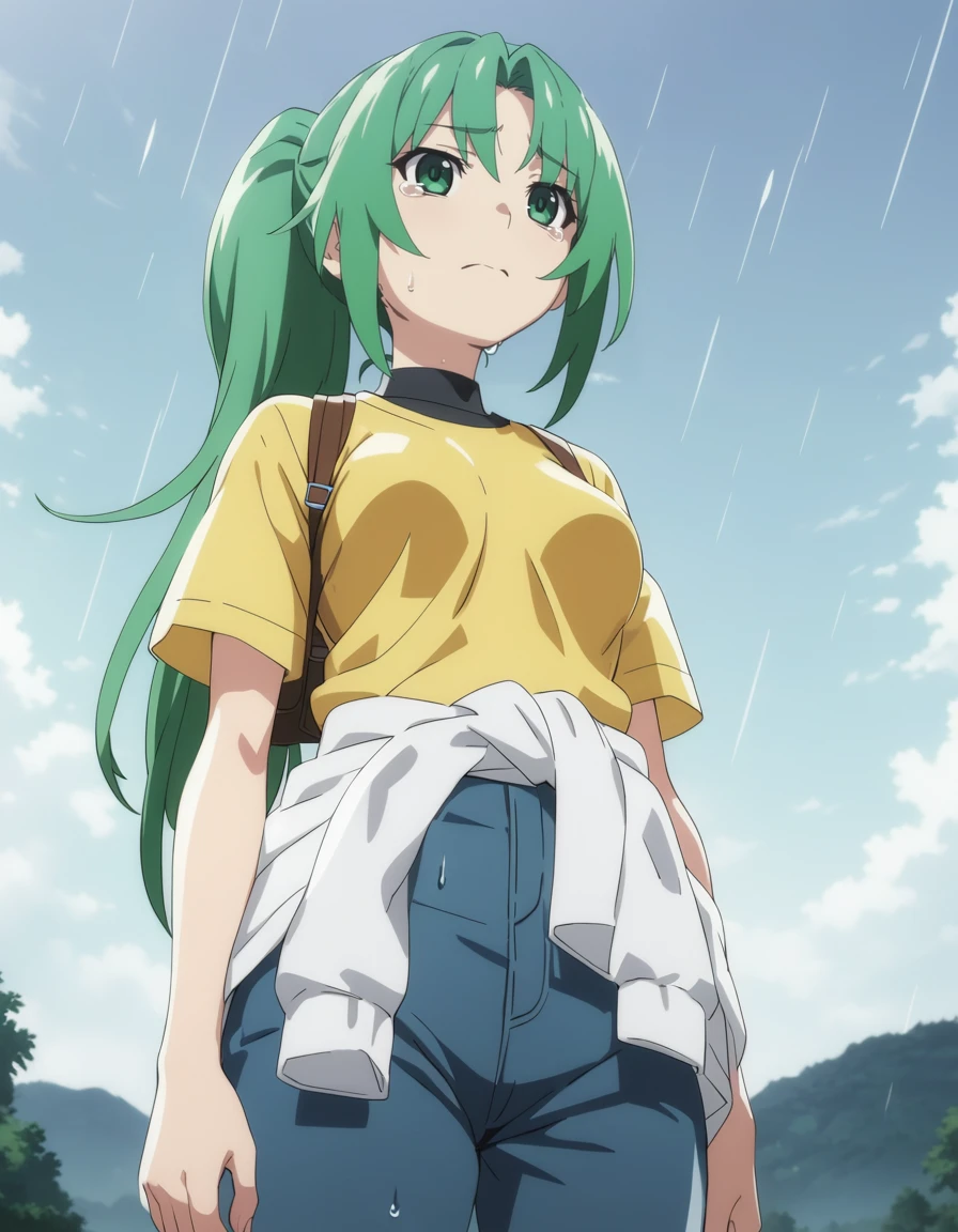 1girl,
<lora:sonozakimionXL1:0.8>,sonozakimion,
green eyes,green hair,long hair,ponytail,
clothes around waist, yellow shirt,pants,
looking up, (rainy:1.2),standing,tears, sad face,
cowboy shot,from below,
countryside,
masterpiece, best quality, ultra detailed, highres,4k,(ultra-detailed:1.4) (illustration:0.5), (ray tracing,:0.8),(anime colored:0.7),(ai-generated:0.5), (anime screencap:1.2),