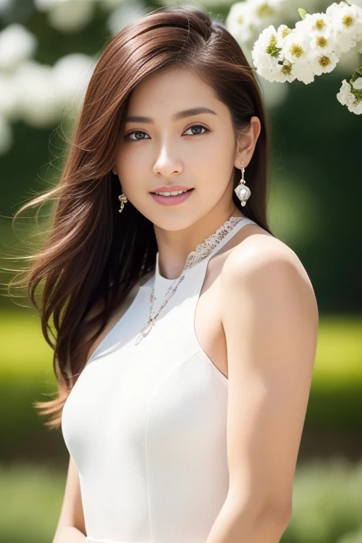 1girl,(RAW photo, best quality), (realistic, photo-realistic:1.4), masterpiece, an extremely delicate and beautiful, extremely detailed, 2k wallpaper, Amazing, finely detail, extremely detailed CG unity 8k wallpaper, ultra-detailed, highres, soft light, beautiful detailed girl, extremely detailed eyes and face, beautiful detailed nose, beautiful detailed eyes,cinematic lighting,perfect anatomy,slender body,
wearing a white halter neck dress,white skirt(bokeh:1.2)
at a flower park,sakura flowers,flower garden,smiling
 <lora:annenakamura_lora:0.8>,long hair