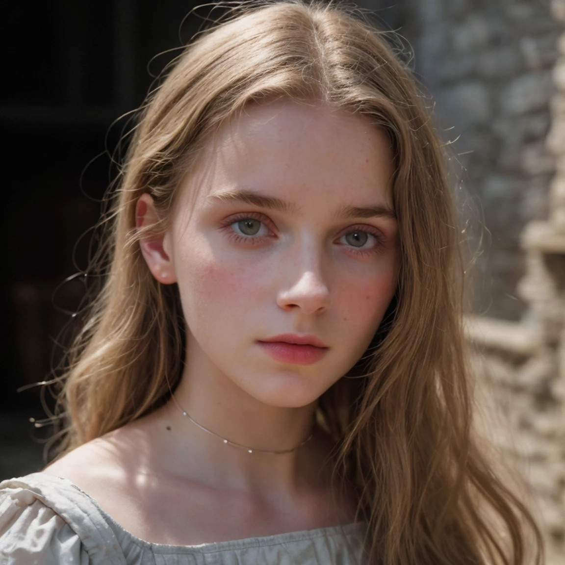 cinematic analog movie still of 18 years old cute and beautiful girl, medieval village, peasant, sharp focus, textured skin, imperfect skin, skin pores, ambient lighting, highres, 4k uhd, low contrast pastel lighting, professional color grading, intricate, highly detailed