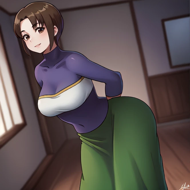 cowboy shot, solo, <lora:harukaHikari(MMBN):0.9> haruka_hikari, mature female, brown hair, brown eyes, short hair, green skirt, long skirt, purple shirt, long sleeves, smile, indoors, highres, Digital art, trending on artstation, best quality, insanely detailed, masterpiece, stunning environment, wide-angle,