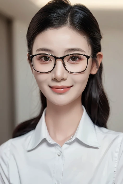 1girl,realistic,upper_body,masterpiece, best quality ,black eyes,black hair, 1girl, solo,<lora:LinYueQingV4:0.9>,collared shirt, glasses,(light smile:0.7),
