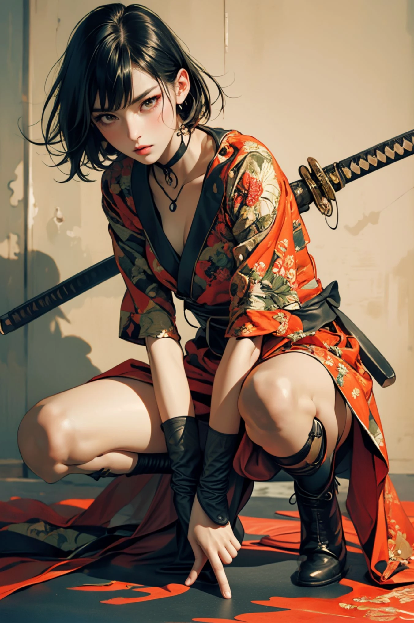 ultra high resolution,((masterpiece))),(((best quality))),((super detailed)),((extremely delicate and beautiful)),(wide shot, wide-angle lens,Panoramic:1.2),super vista,super wide Angle,Low Angle shooting,super wide lens,
xuer ai yazawa style girl,1girl,solo,squatting,black hair,katana,looking at viewer,sheath,sheathed,bangs,collarbone,arm guards,short hair,lips,closed mouth,ninja,shin guards,weapon on back,
(disgust:1.3),(full body:1.4),
<lora:~Q?-kfX\YsV2 xuer ai yazawa style girl:0.8>,