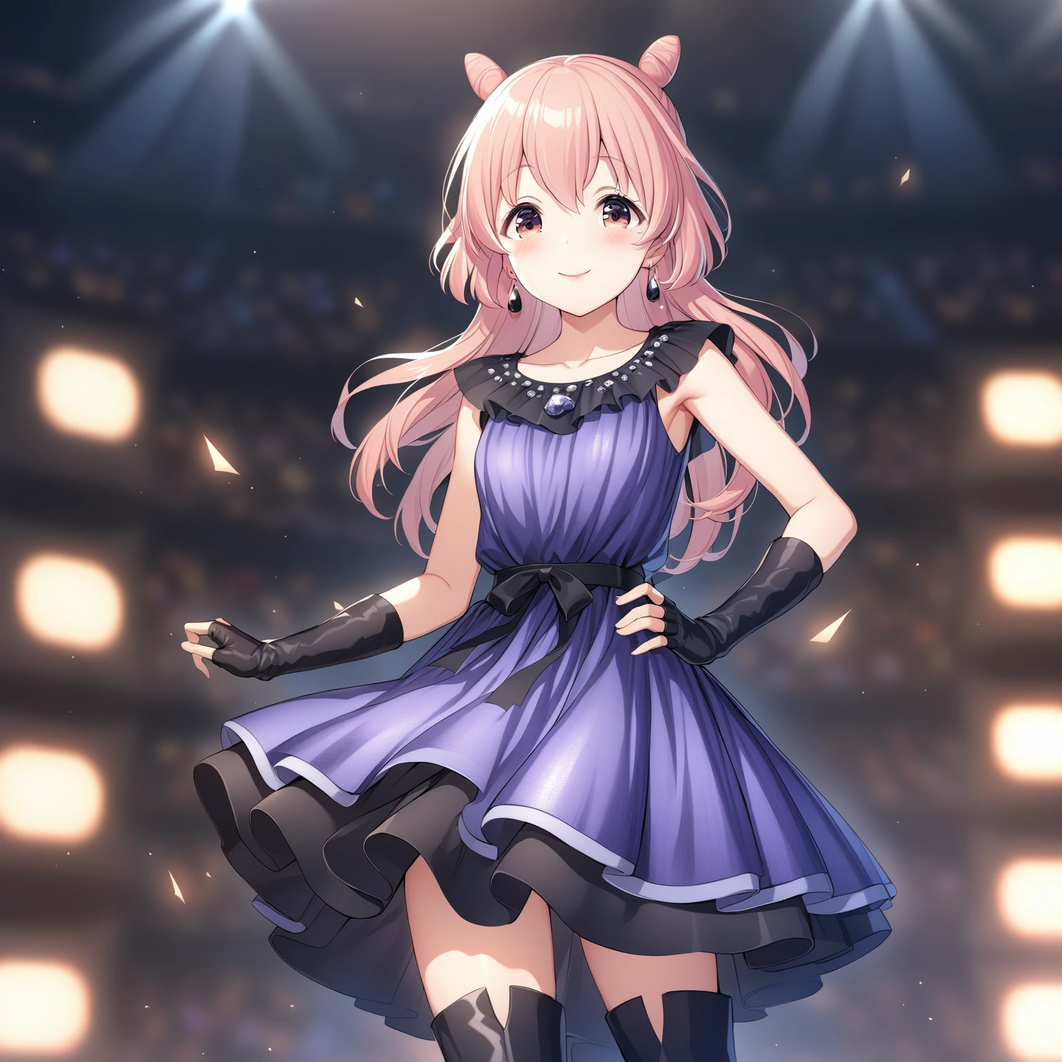 [high quality, best quality], cinematic, 1girl, solo, akazaki kokoro, cone hair bun, idol costume, earrings, thigh boots, fingerless gloves, hands on hip, on stage, looking at viewer, smile, blush, bloom, hdr, <lora:kkr:0.72>