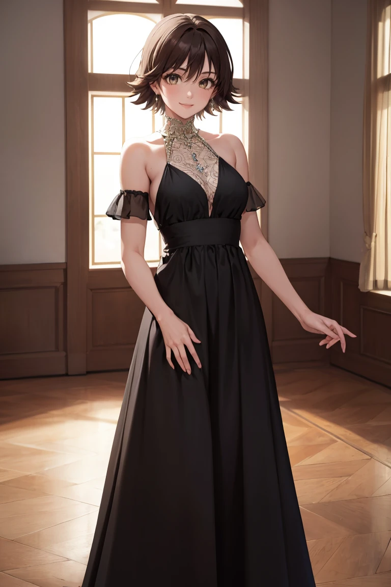 masterpiece, best quality, absurdres, 1girl, solo, HondaMio, short hair, elegant, long dress, black dress, halterneck, smile, indoors, palace, jewelry, standing, <lora:HondaMio:1>