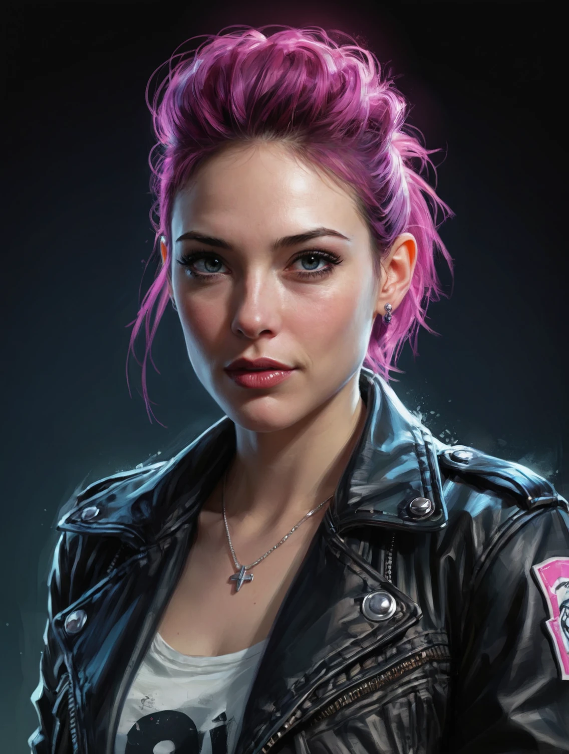 a girl with pink/crimson hair, dark red eyes, smile(teeth), shirtoff, piercings, tattoo, shiny eyes, glowing eyes, character portrait, bare shoulders, crop top, mask in hair, choker, red color palette background small details, ultra detailed, best quality, ,masterpiece, (volumetric lighting, bright),novelai, oil painting, 4k wallpaper, aesthetic, masterpiece, award-winning photography, macro photography vivid colors, photorealistic, atmospheric, cinematic, moody, rule of thirds, majestic, detailed, perfect anatomy