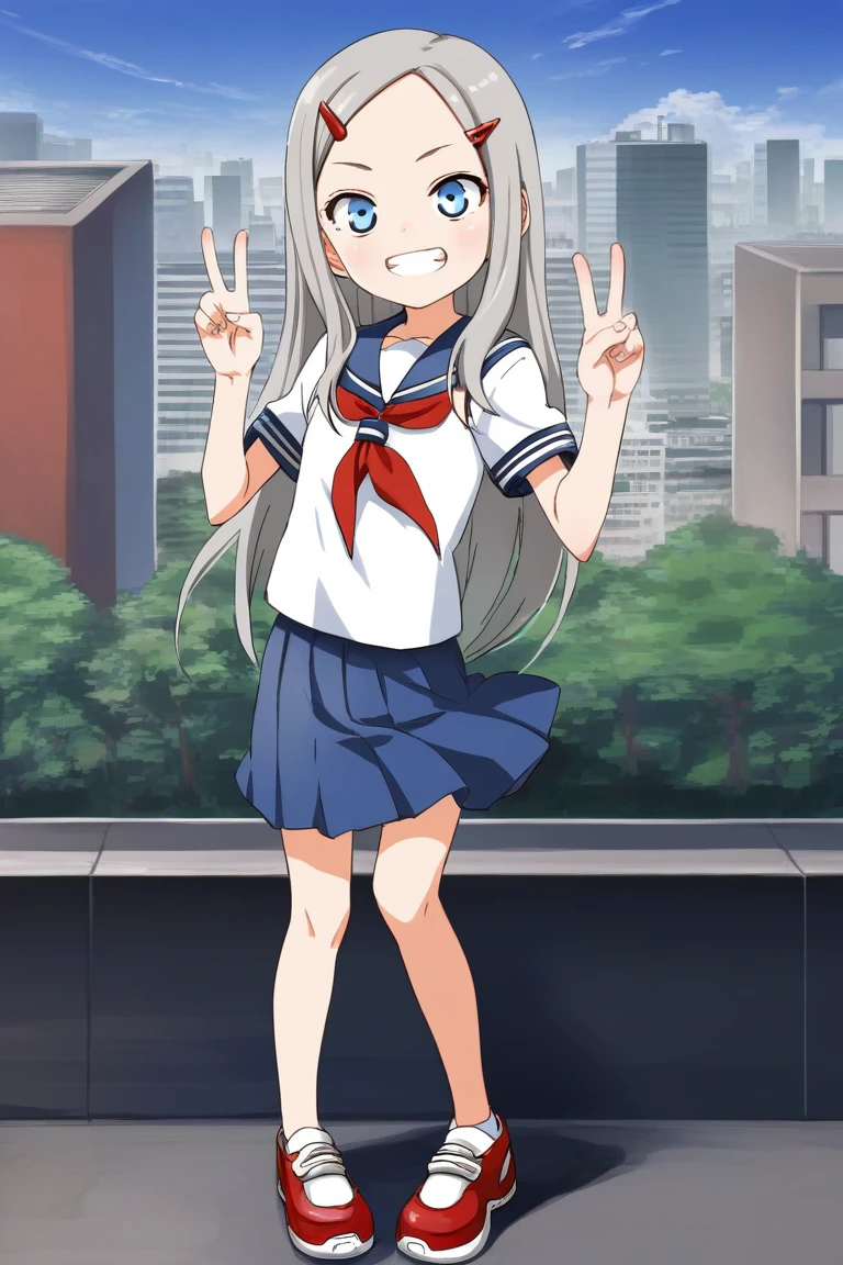 score_9, score_8_up, score_7_up, source_anime, rating_safe BREAK
1girl, grin, blue eyes, grey hair, hair ornament, long hair, hairclip, forehead, flat chest, serafuku, short sleeves, blue skirt, red sneakers, double v, contrapposto, full body, wide shot, detailed background, tokyo, city, bustling street