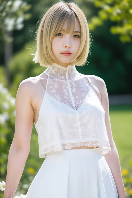 1girl,(RAW photo, best quality), (realistic, photo-realistic:1.4), masterpiece, an extremely delicate and beautiful, extremely detailed, 2k wallpaper, Amazing, finely detail, extremely detailed CG unity 8k wallpaper, ultra-detailed, highres, soft light, beautiful detailed girl, extremely detailed eyes and face, beautiful detailed nose, beautiful detailed eyes,cinematic lighting,perfect anatomy,slender body,
wearing a white halter neck dress,white skirt(bokeh:1.2)
at a flower park,sakura flowers,flower garden,
<lora:anochanV2_lora:0.8>