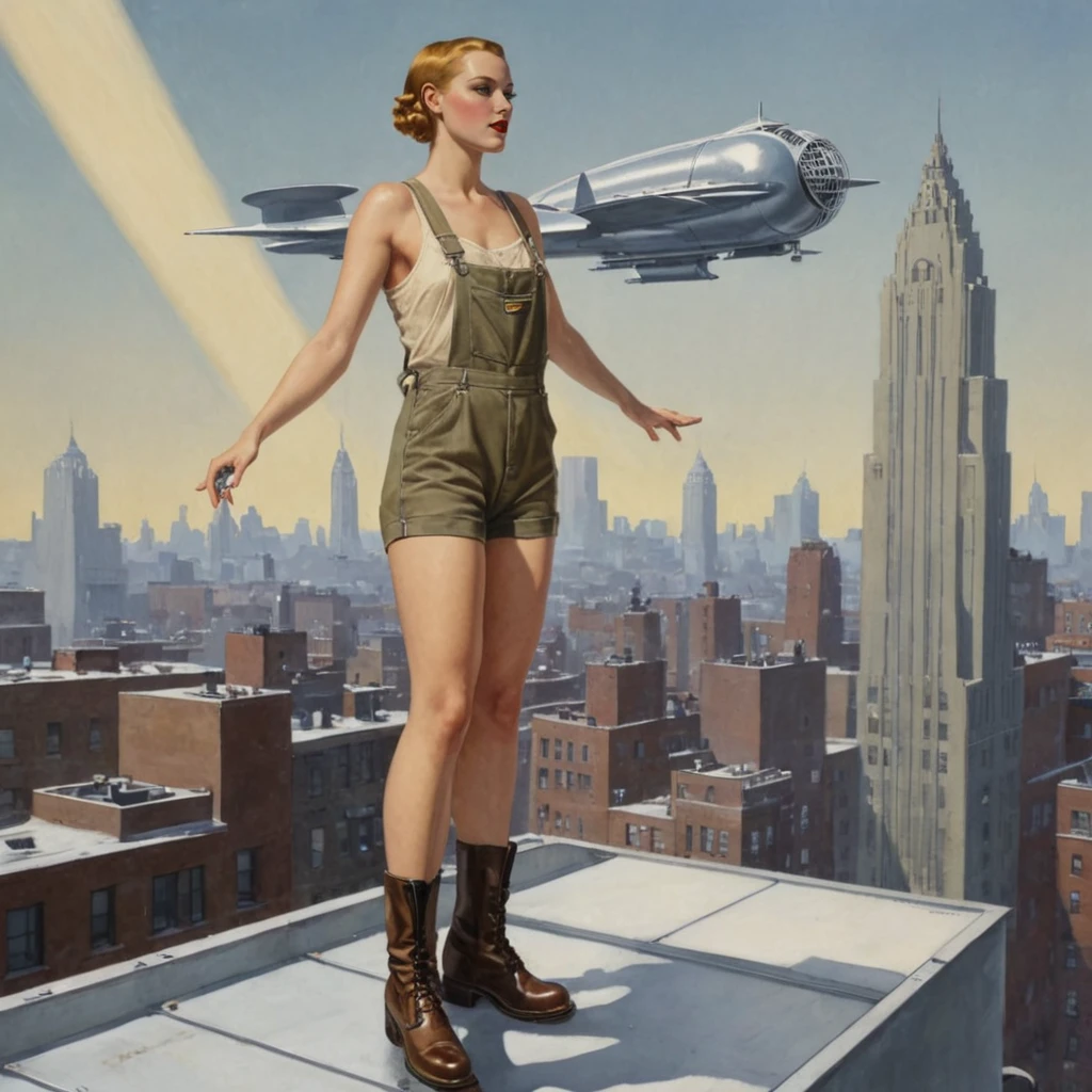 a beautiful woman with big breasts in khaki canvasoveralls and boots on a rooftop expanse, pushing into the air  a toaster-sized  prototype robot drone off the roof, streamline moderne, visible repulsion beams, visible air shimmer and  antigravity propulsion below drone, robot drone flying off joining thousands of others in the sky , art deco  city skyline as painted by norman rockwell
 <lora:Decopunk_XL_v3:1> d3c0pnuk