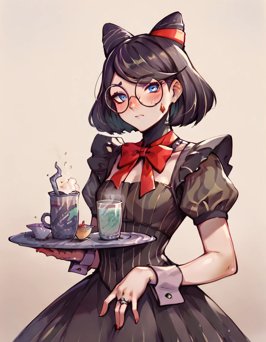 score_9, score_8_up, score_7_up, cereza, bob cut, cone hair bun, round eyewear, jewelry, maid, vertical stripes, blush,
a girl seving tea, tray,
<lora:cereza_xl_v2_w1:1.1>