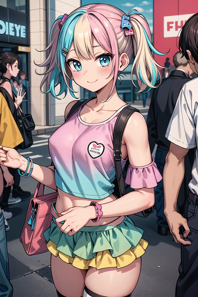 insanely detailed, absurdres, ultra-highres, ultra-detailed, best quality,
1girl, solo, nice hands, perfect hands
BREAK
(Harajuku-style Decora pank fashion:1.5),
(girl with layered colorful clothing:1.3),
(multiple hair clips),
knee-high socks with different patterns,
carrying a plushie, standing in front of a graffiti wall,
BREAK
happy smile, laugh, closed mouth
BREAK
standing, cowboy shot, looking at viewer
BREAK
slender, kawaii, perfect symmetrical face, ultra cute girl, ultra cute face, ultra detailed eyes, ultra detailed hair, ultra cute, ultra beautiful
BREAK
shibuya, akihabara, tokyo, street, crowd, cityscape, depth of field, ultra detailed background
BREAK
medium large breasts
BREAK
(random color hair, multicolored hair:1.2)