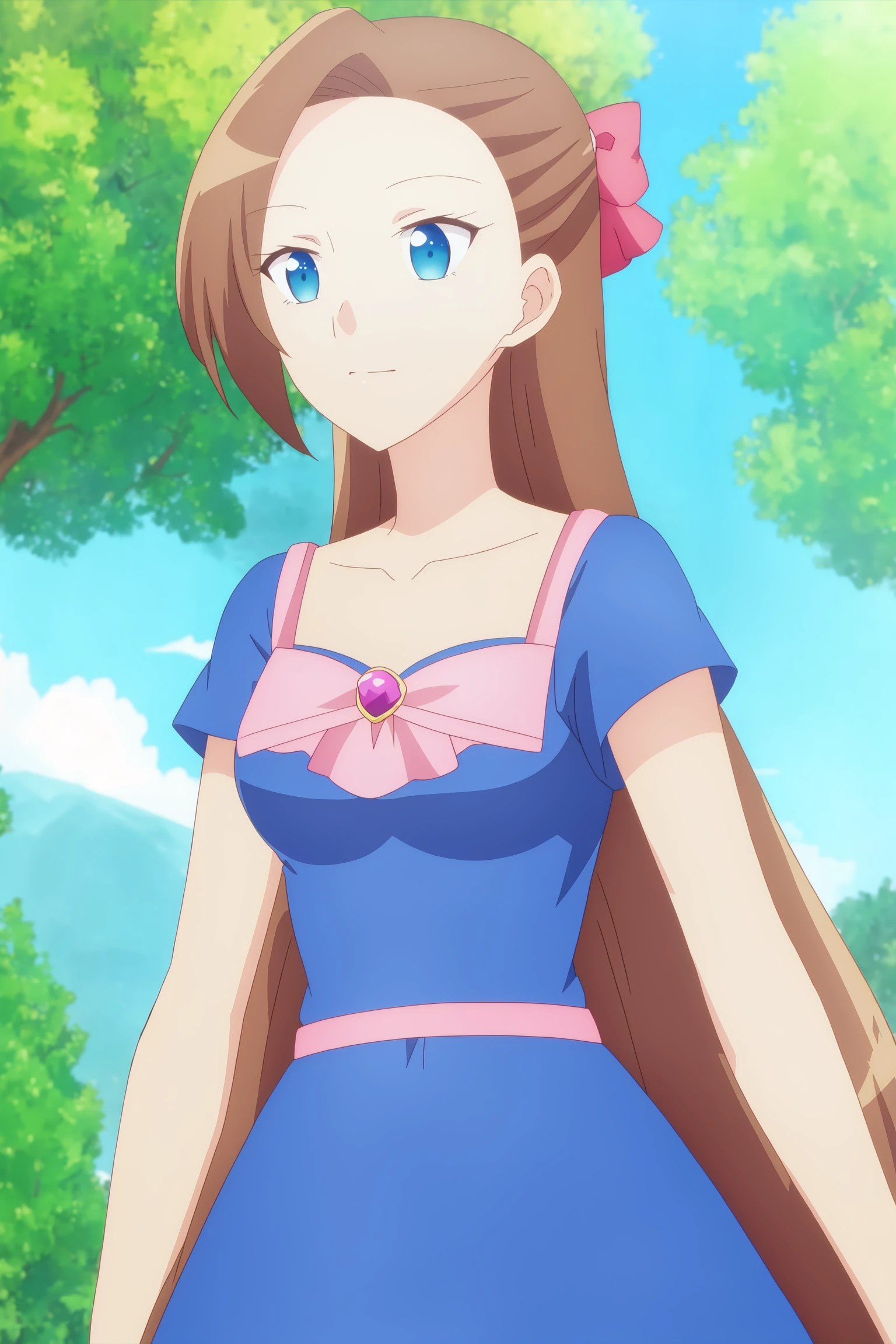 sysdeep_katarina, 1girl, solo, long_hair, bangs, blue_eyes, brown_hair, dress, bow, closed_mouth, collarbone, short_sleeves, hair_bow, outdoors, sky, day, blurry, tree, blue_sky, no_humans, depth_of_field, blurry_background, blue_dress, pink_bow, asymmetrical_bangs, anime_coloring