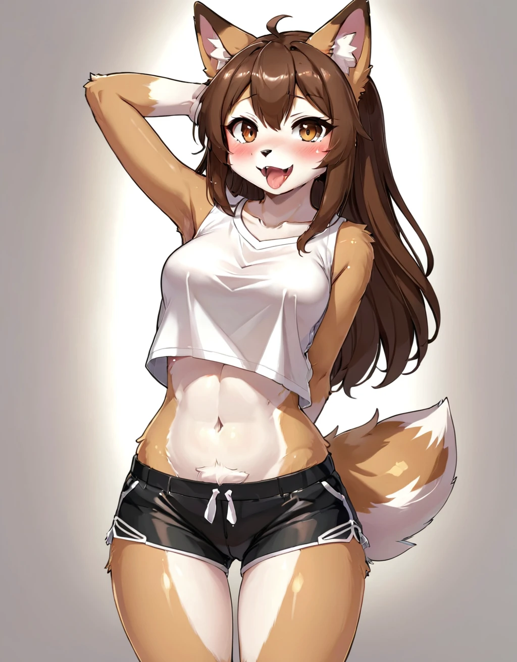 best quality, kemono, anime, female, furry, anthro, full body, solo,  black_shorts, blush, brown_eyes, brown_hair, clothes_pull, eyebrows_visible_through_hair, hand_up, navel, open_mouth, panties, pants, shiny, shiny_skin, shirt, short_shorts, shorts, shorts_pull, simple_background, solo, tan, tanlines, transparent_background, underwear, white_panties, white_shirt, cute fang