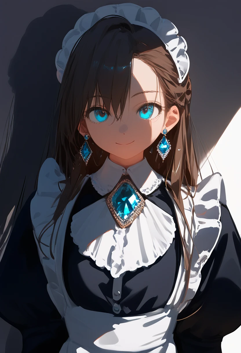 best,hight,score_9,<lora:chenkin_nai3_style:1>,1girl, solo, earrings, looking_at_viewer, long_hair, upper_body, juliet_sleeves, bangs, smile, blue_eyes, closed_mouth, shadow, brown_hair, gem, maid, black_dress