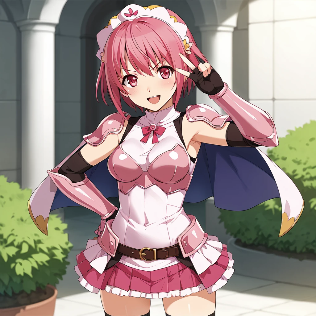 score_9, score_8_up, score_7_up, BREAK source_anime, rating_explicit, best quality, masterpiece, uncensored, 1girl, <lora:cinderella_blade_pony:0.8> cinderella_blade, 1girl, skirt, thighhighs, gloves, elbow gloves, armor, shoulder armor, black thighhighs, pauldrons, pink skirt, zettai ryouiki,pink armored dress, frills, capelet, gauntlets,head ornament,pink hair,short hair,pink eyes,pink dress,smile,v-shaped eyebrows,standing in garden,(v_over_eye),front view,one hand on waist