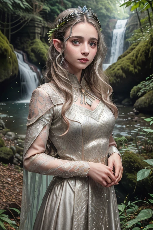 RAW photo, a photograph of laur3bv woman, elven princess, beautiful silver jewellery, fairytale environment, luscious forest, (waterfall:1.2), lord of the rings, rivendell, crown made out of leaves, (high detailed skin:1.2), 8k uhd, dslr, soft lighting, high quality, film grain, Fujifilm XT3 <lora:laur3bv-v3:0.95>