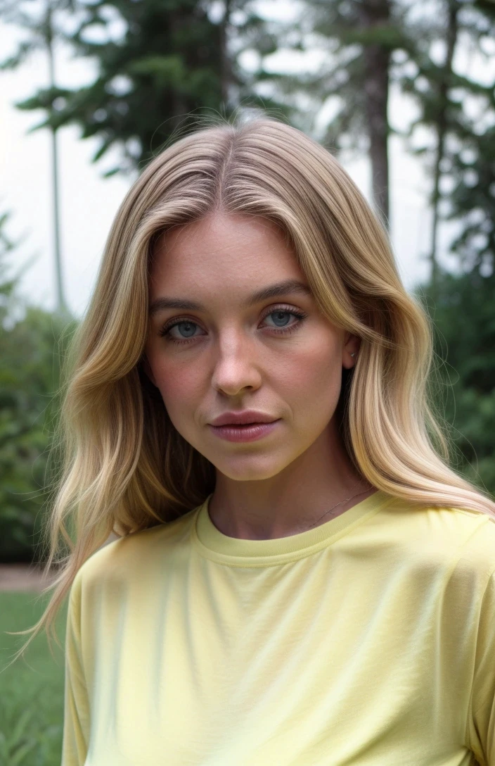 analog style photo of SydneySweeney wearing a yellow shirt, beautiful, outdoors