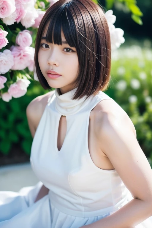 1girl,(RAW photo, best quality), (realistic, photo-realistic:1.4), masterpiece, an extremely delicate and beautiful, extremely detailed, 2k wallpaper, Amazing, finely detail, extremely detailed CG unity 8k wallpaper, ultra-detailed, highres, soft light, beautiful detailed girl, extremely detailed eyes and face, beautiful detailed nose, beautiful detailed eyes,cinematic lighting,perfect anatomy,slender body,
wearing a white halter neck dress,white skirt(bokeh:1.2)
at a flower park,sakura flowers,flower garden,
<lora:anochanV2_lora:0.8>