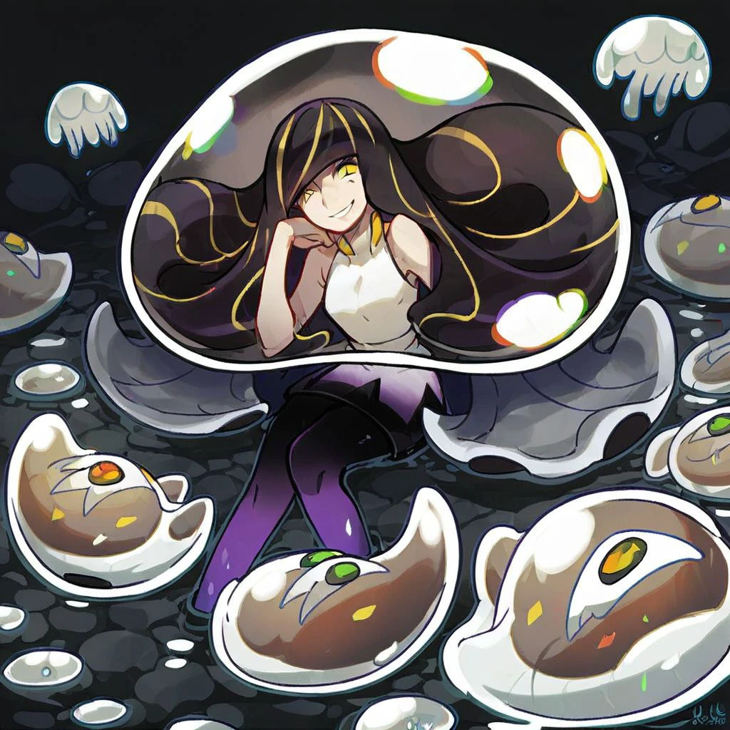 score_9,score_8_up,score_7_up,score_6_up,score_5_up,score_4_up,, 1girl, solo, Lusamine, long hair, black hair, streaked hair, yellow eyes, sleeveless dress, sitting, outdoors, smile, jellyfish, aquarium