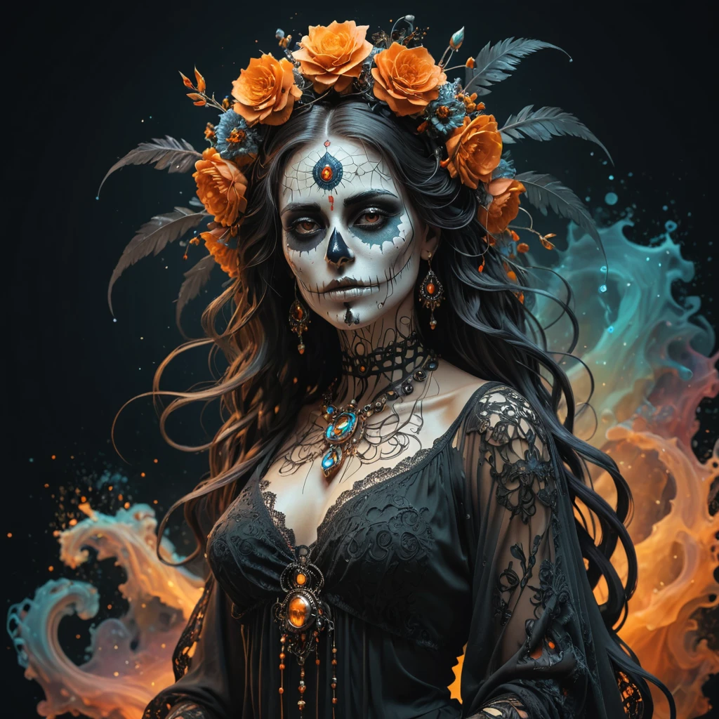 Santa Muerte, best quality, digital painting, extremely smooth, fluid, 3d fractals, light particles, dreamy, smooth, shimmering, dreamy glow, conceptual art by alberto seveso, anna dittmann, arthur rackham, harmonious color scheme, 32k, Wet black and orange color inks line art dreamy female portrait with lot of lace filigrees on black canvas illustration described in the perfect fractal style of Vassily Kandinsky, Jackson Pollock, Alphonse Mucha and Jeremy Mann, HQ, 4K Modifiers: 4K 3D