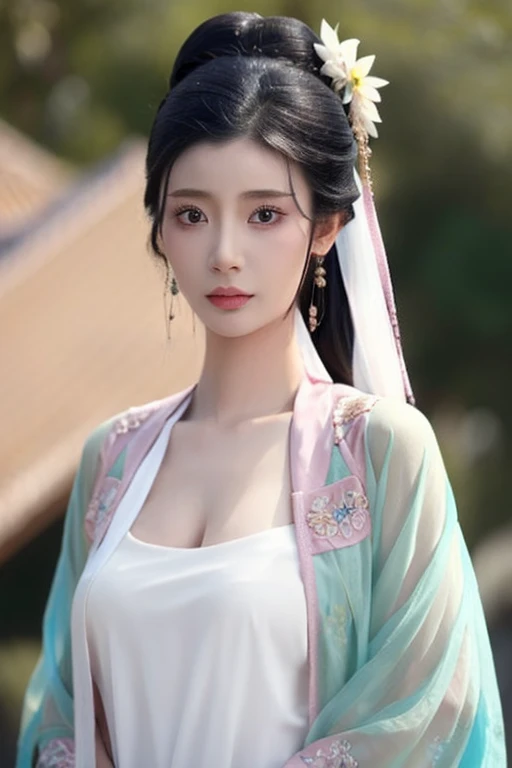 1girl,realistic,upper_body,masterpiece, best quality, ,black_eyes,black hair, cleavage, 1girl, solo,detailed face,looking_at_viewer, (hair bun),<lora:LinYueQingV4:0.9>,hanfu,chinese clothes,