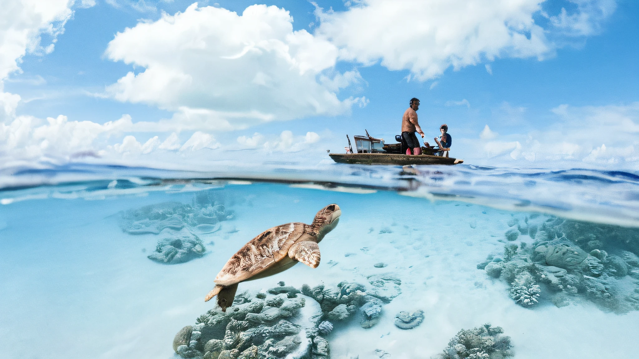 a couple of people on a boat in a body of water with a group of sharks swimming over a coral reef in the foreground <lora:Splitshot:0.8>