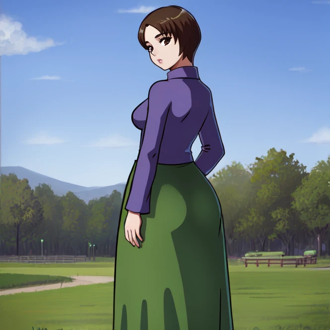 cowboy shot, solo, <lora:harukaHikari(MMBN):0.9> haruka_hikari, mature female, brown hair, brown eyes, short hair, skirt, long skirt, purple shirt, long sleeves, from behind, looking back, outdoors, public park, highres, Digital art, trending on artstation, best quality, insanely detailed, masterpiece, stunning environment, wide-angle,