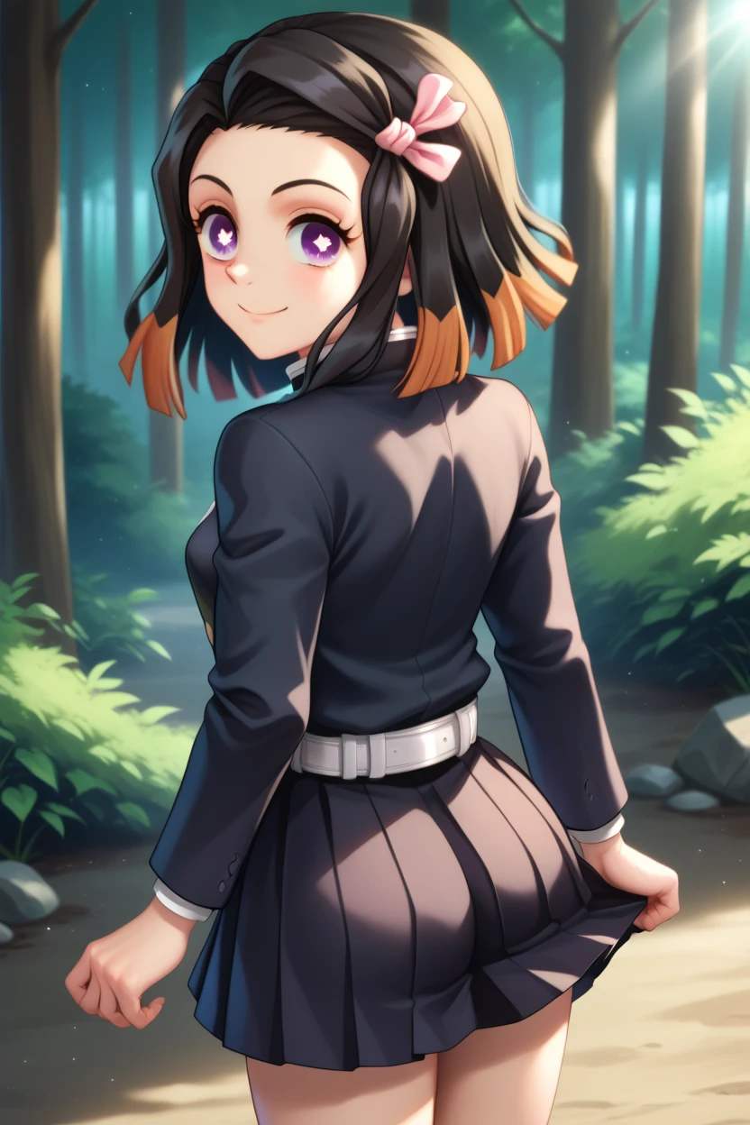 score_9,score_8_up,score_7_up,uncensored,source_anime,anime coloring BREAK nezukorps, 1girl,solo,purple eyes, white pupils, black hair,(medium hair:1.1),two-tone hair,(looking at viewer:1.1),dappled sunlight,demon slayer uniform,black jacket, black pleated skirt,pink hair ribbon,white belt, cowboy shot,japanse forest,from behind, looking back,outdoors,smile,nature.small breasts,from above <lora:NezukorpsXL_v1:1>
