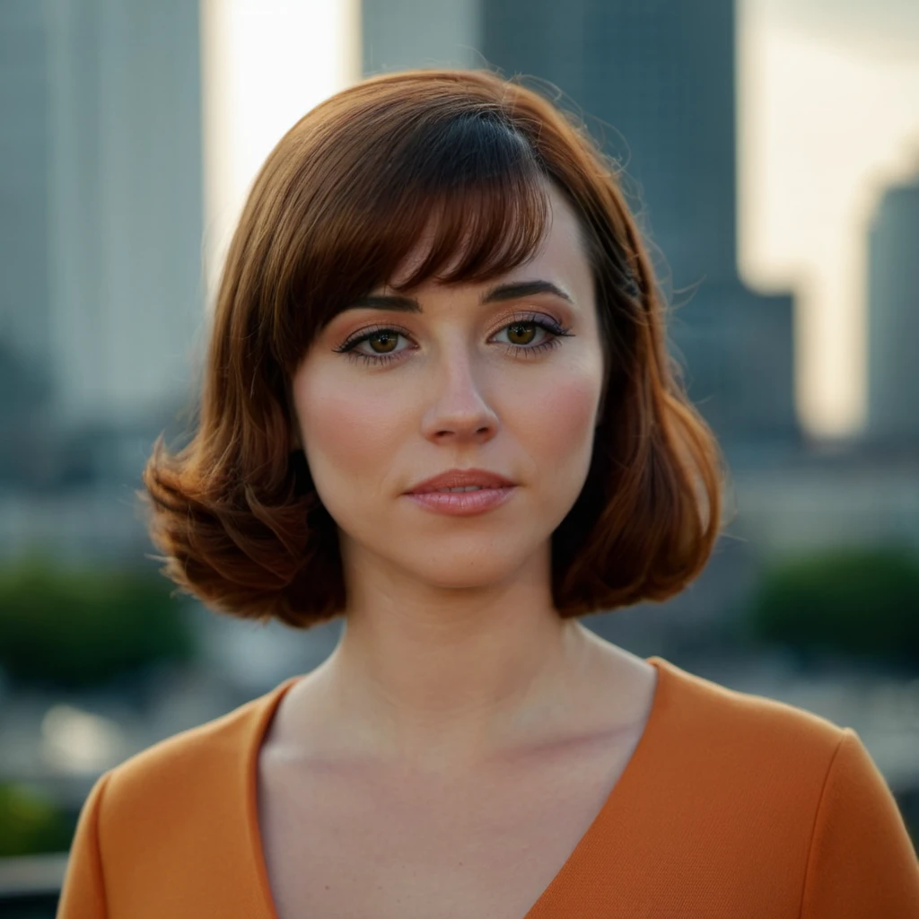Natural lighting, Photo of a stunning woman dressed as (velma:0.5) without glasses,full lips,v-neck, Nikon Z9, realistic matte skin, blurry city in the background, 8K, <lora:licardellini_xl_1_standard_merger_33_62_07_03:1>