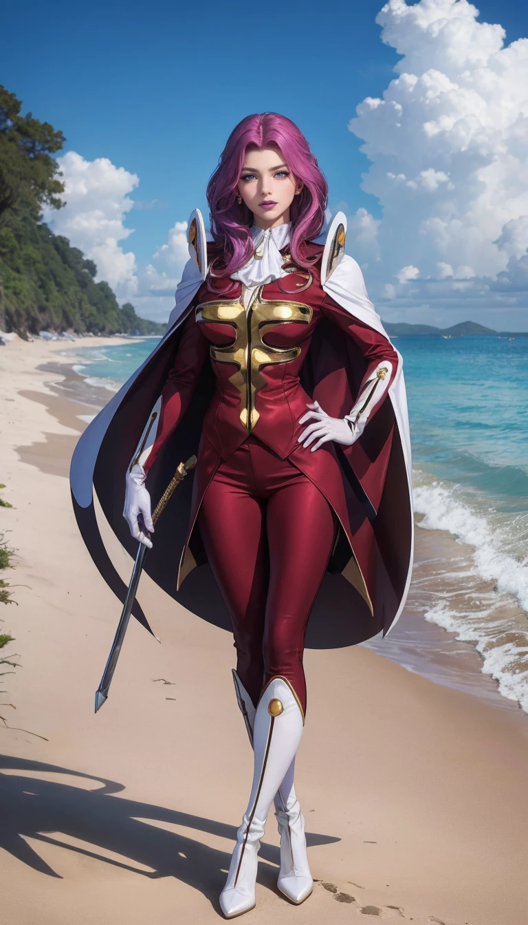 Dress_Cornelia_Li_Britannia_ownwaifu,
1girl, purple hair, purple eyes, long hair, lipstick, makeup, purple lips, breasts, large breasts, collarbone, mature female,
military, military uniform, ascot, cape, white gloves, long sleeves, white cape, cleavage, white ascot, dress, formal, juliet sleeves, puffy sleeves, red pants,
<lora:ANIME_Cornelia_Li_Britannia_ownwaifu:1>
((masterpiece)),((best quality)),(highres, absurdres), original, official_art, beach, outdoors, day,