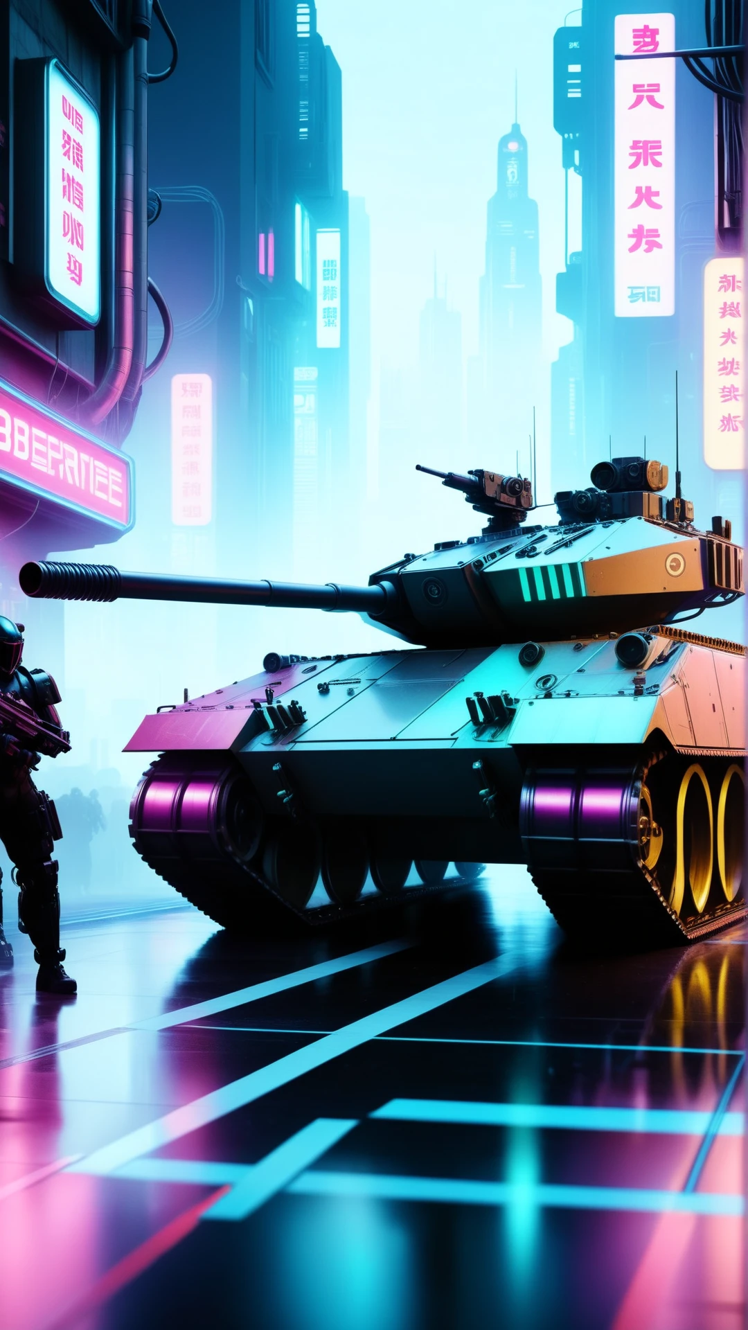 <lora:CyberpunkWorldXL:1>CyberpunkWorld tank, cyberpunk, sci-fi, tech, 24mm, (analog, cinematic, film grain:1.3), Bokeh DOF, (Masterpiece:1.3) (best quality:1.2) (high quality:1.1)