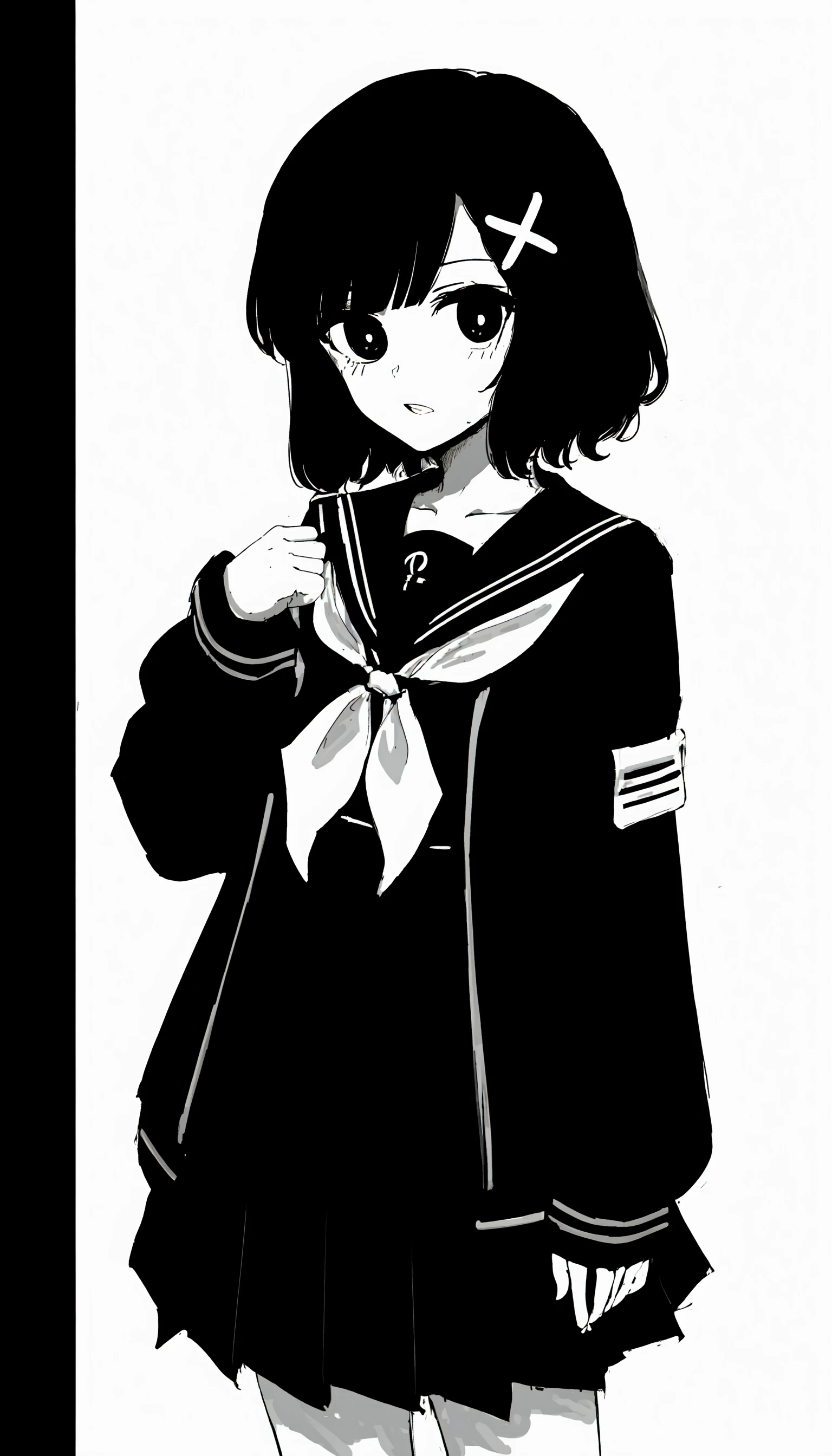 solo, 1girl, sleeves past wrists, school uniform, sleeves past fingers, skirt, simple background, bangs, hair ornament, serafuku, white background, short hair, parted lips, pleated skirt, long sleeves, muted color, neckerchief, black hair, sailor collar, black skirt, blunt bangs, cowboy shot, black eyes, black sailor collar, looking at viewer