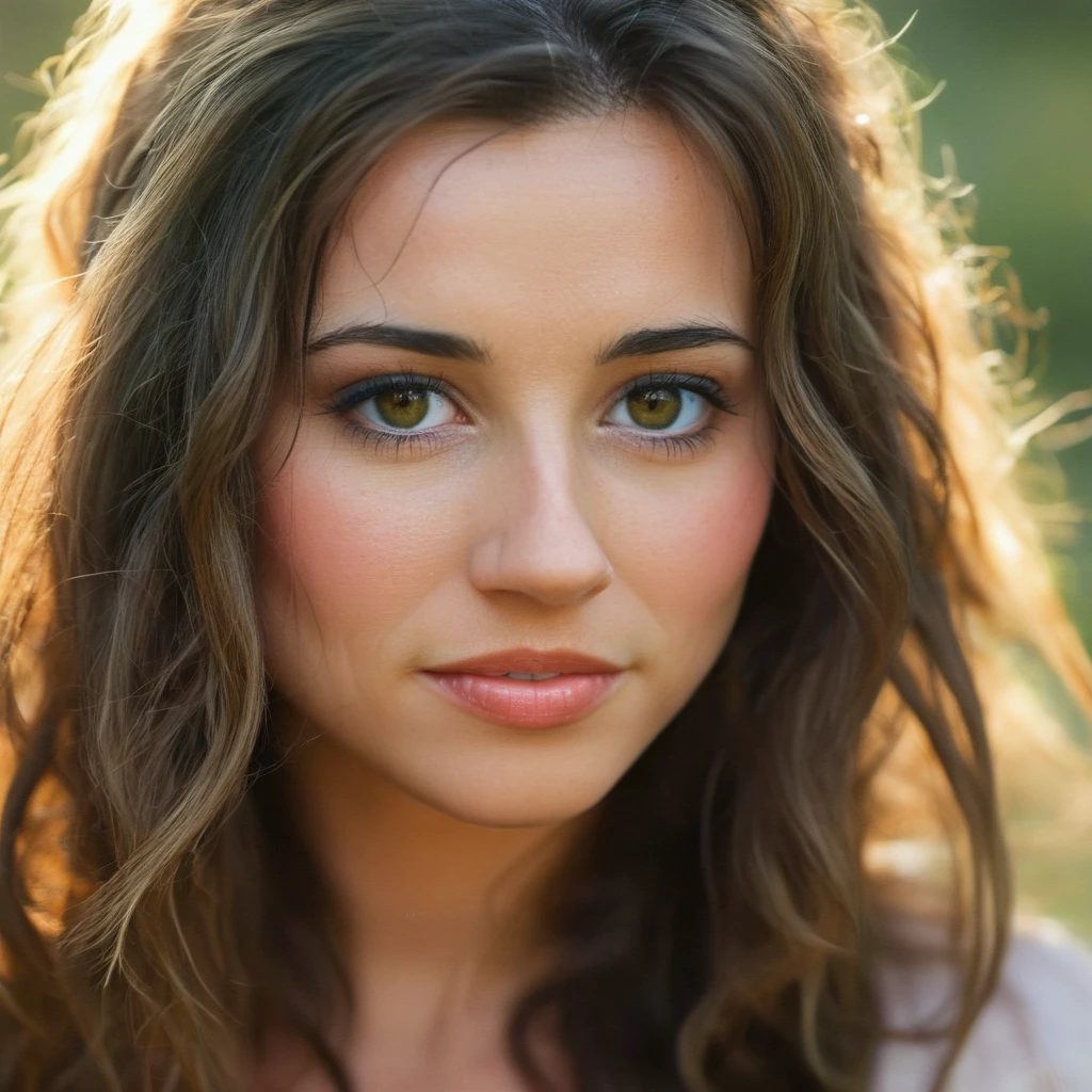 close up of a beautiful girl showing off her shoulders in the field, 1girl, freckles, solo, looking at viewer, realistic, long hair, brown eyes, lips
