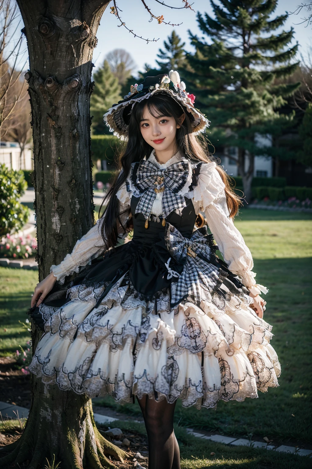 best quality, masterpiece, realistic, photorealistic, 1girl, solo, long hair, black hair, looking at viewer, smile, standing, arms at side, full body, cyb dress, long sleeves, hat, headwear, frilled dress, layered dress, frills, bow, plaid bow, black pantyhose, high heels, garden, flower, tree, water, <lora:lo_dress_vol3_style2_v1:0.7>