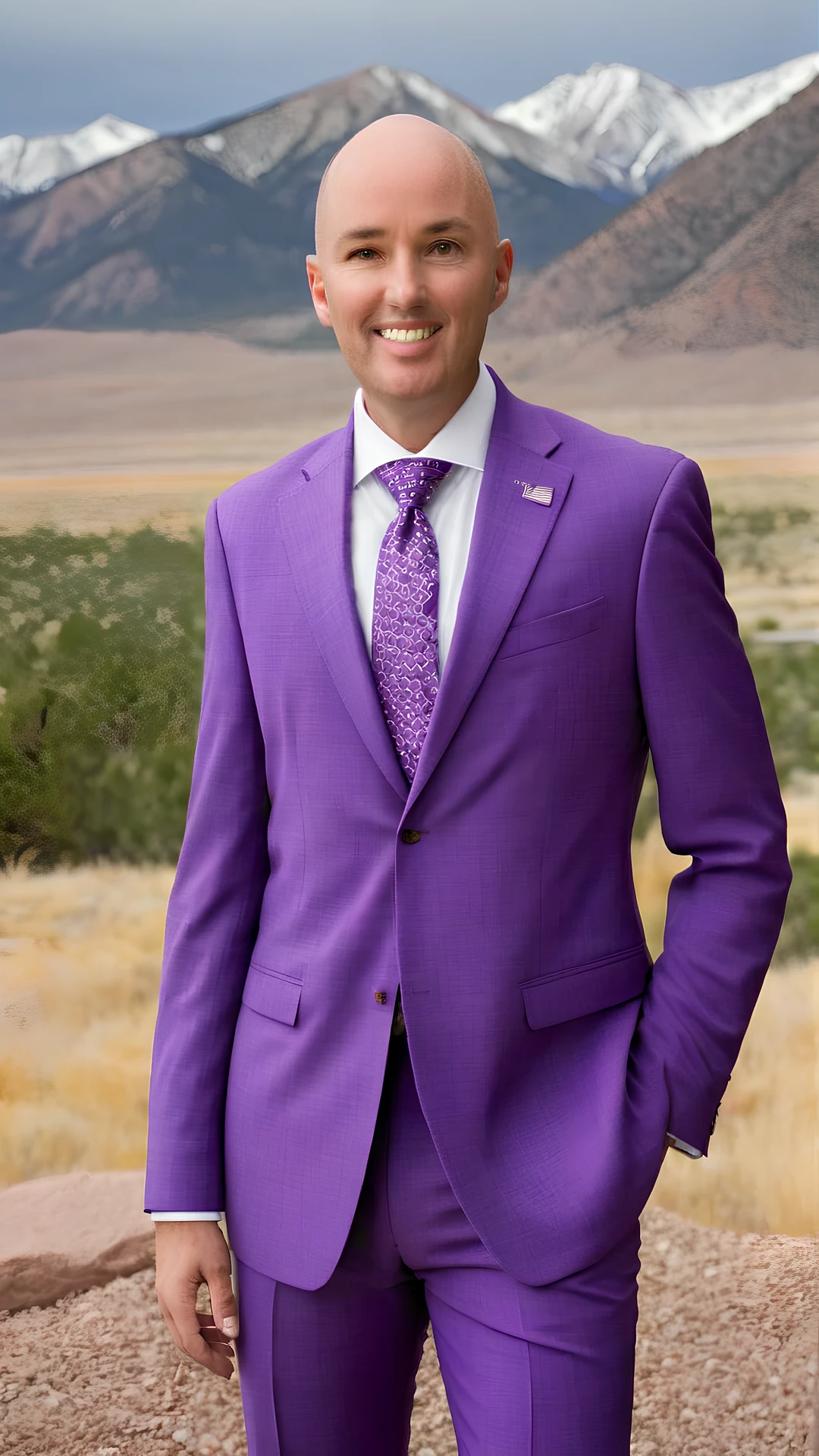 <lora:Cox-000005:1> Cox, bald head, wearing a purple suit, the mountains of utah in the background