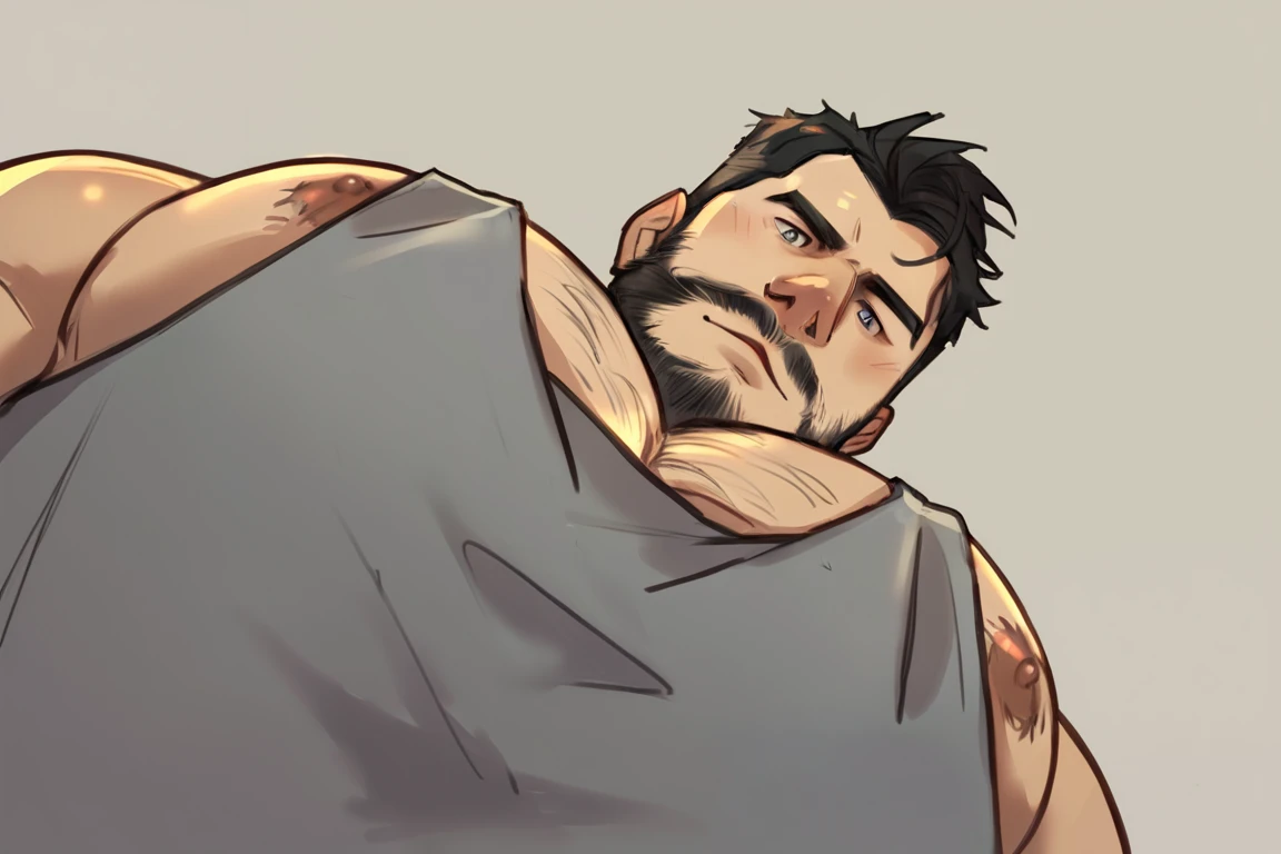 score_9, score_8_up, score_7_up, mns-pose, 1boy, solo, male focus, mature male, short hair, black hair, grey eyes, facial hair, mustache, beard, looking at viewer, looking down, from below, upper body, close-up, nipples, nipple slip, large pectorals, pectoral focus, sidepec, tank top, grey tank top, muscular, muscular male, bara,simple background <lora:yur oc like this (meme) Concept LoRA_Pony XL v6:1>