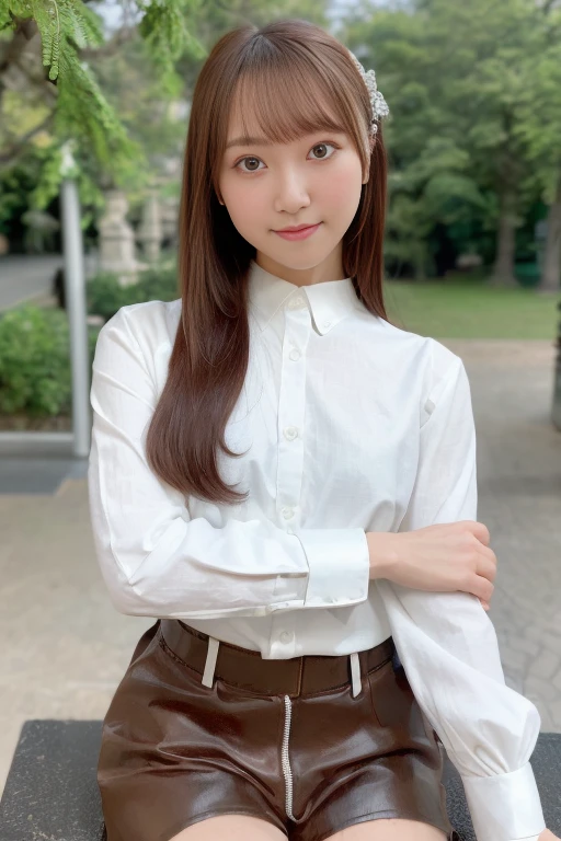 1girl, (white shirt,long sleeves, brown shorts:1.6),(RAW photo, best quality:1.4), (realistic, photo-realistic:1.4), masterpiece, an extremely delicate and beautiful, extremely detailed, 2k wallpaper, Amazing, finely detail, extremely detailed CG unity 8k wallpaper, ultra-detailed, highres, soft light, beautiful detailed girl, extremely detailed eyes and face, beautiful detailed nose, beautiful detailed eyes,cinematic lighting,(blurry,bokeh backgound:1.6),(park:2.0),perfect anatomy,(slender body:1.6),(close up face,focus face:1.4),(expressionless:1.8),(looking at viewer:1.8), (long hair:1.6), (japanese idol:1.8), (brown eyes:1.4),(sitting:1.6),(cleavage:0.8), <lora:morishimayuuka_lora-11:0.8>